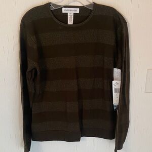 Jones New York Women's Olive and Metallic Striped Crewneck Sweater